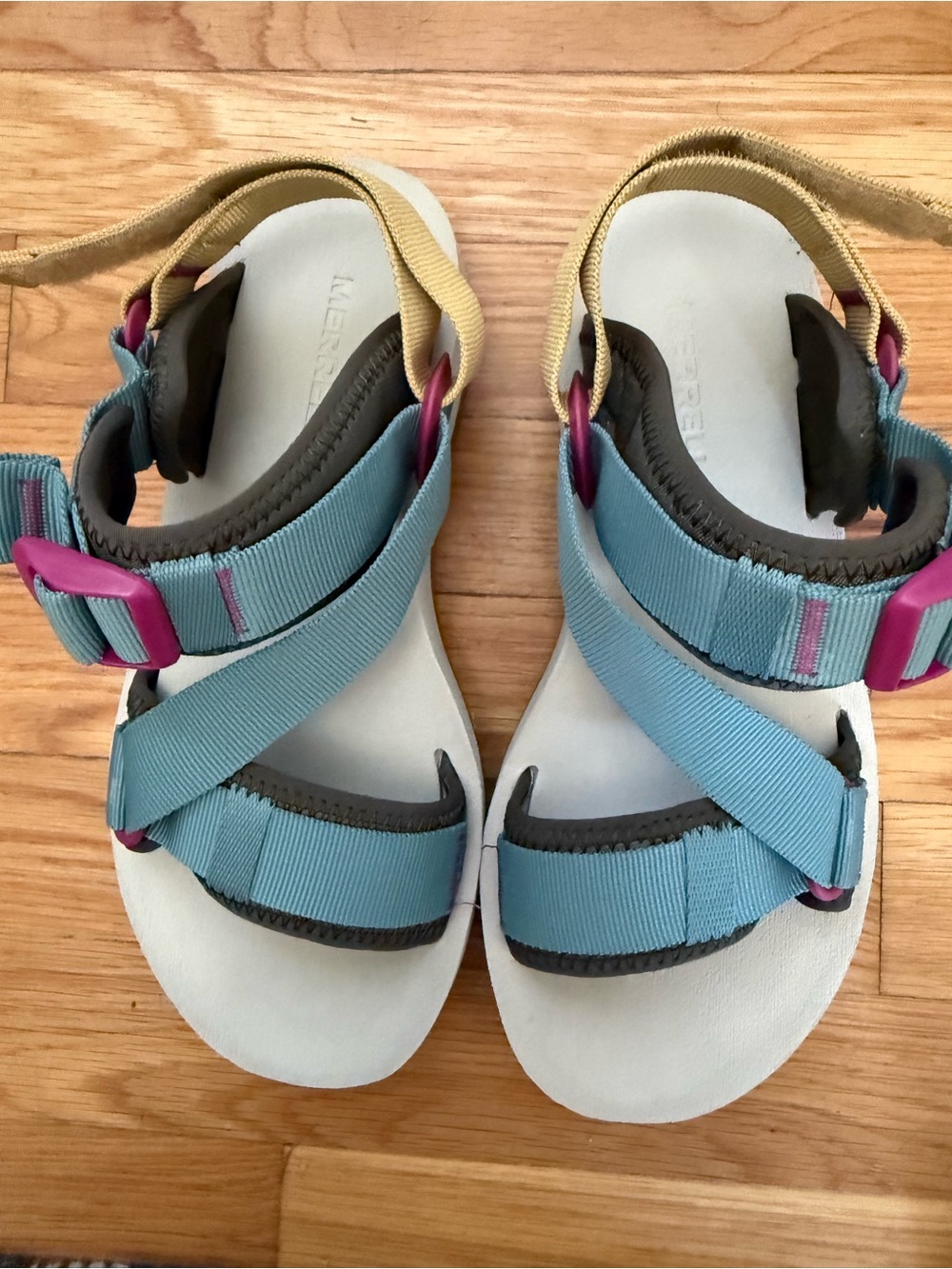 Brand New Merrell Light Blue and Yellow Strappy Sandals with Pink Buckles